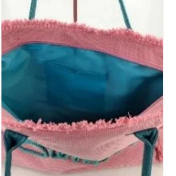 “Summer”‎ Rope Detail Pink & Teal Fringe Beach Tote Bag (NEW W/TAGS & SO CUTE!) - Picture 4 of 5